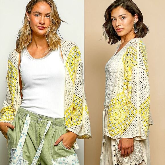 POL Crochet Granny Square Cardigan Yellow Boho Festival Layering NEW - Picture 4 of 11